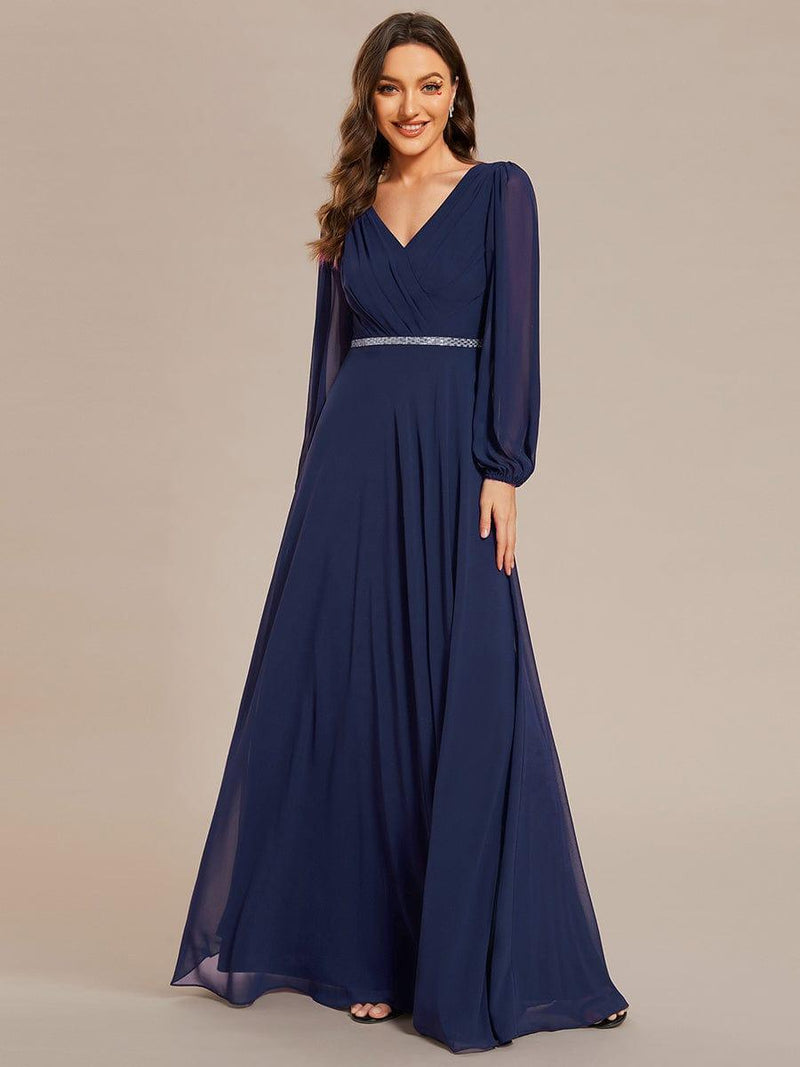 ever ESMÉE|Pleated Double V-Neck Long Sleeves Shiny Belt Chiffon Evening Dress