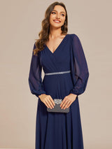 ever ESMÉE|Pleated Double V-Neck Long Sleeves Shiny Belt Chiffon Evening Dress