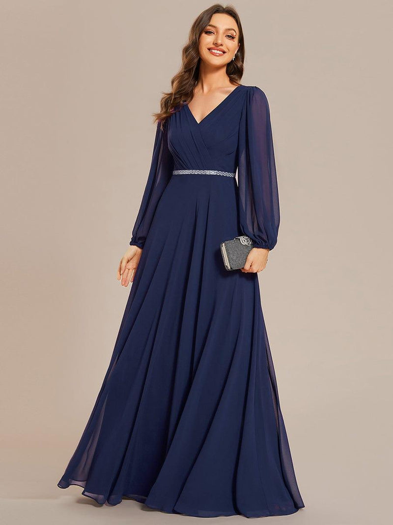 ever ESMÉE|Pleated Double V-Neck Long Sleeves Shiny Belt Chiffon Evening Dress