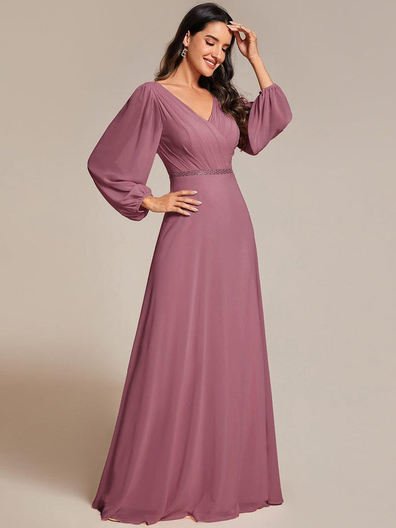 pretty ESMÉE|Plus Size A-Line V-Neck See-Through Long Sleeves Shiny Belt Chiffon Evening Dress
