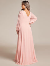 ever ESMÉE|Pleated Double V-Neck Long Sleeves Shiny Belt Chiffon Evening Dress