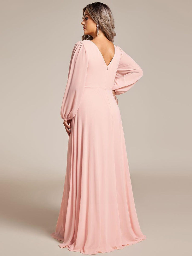 ever ESMÉE|Pleated Double V-Neck Long Sleeves Shiny Belt Chiffon Evening Dress