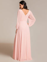 ever ESMÉE|Pleated Double V-Neck Long Sleeves Shiny Belt Chiffon Evening Dress