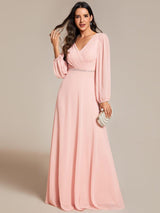 ever ESMÉE|Pleated Double V-Neck Long Sleeves Shiny Belt Chiffon Evening Dress
