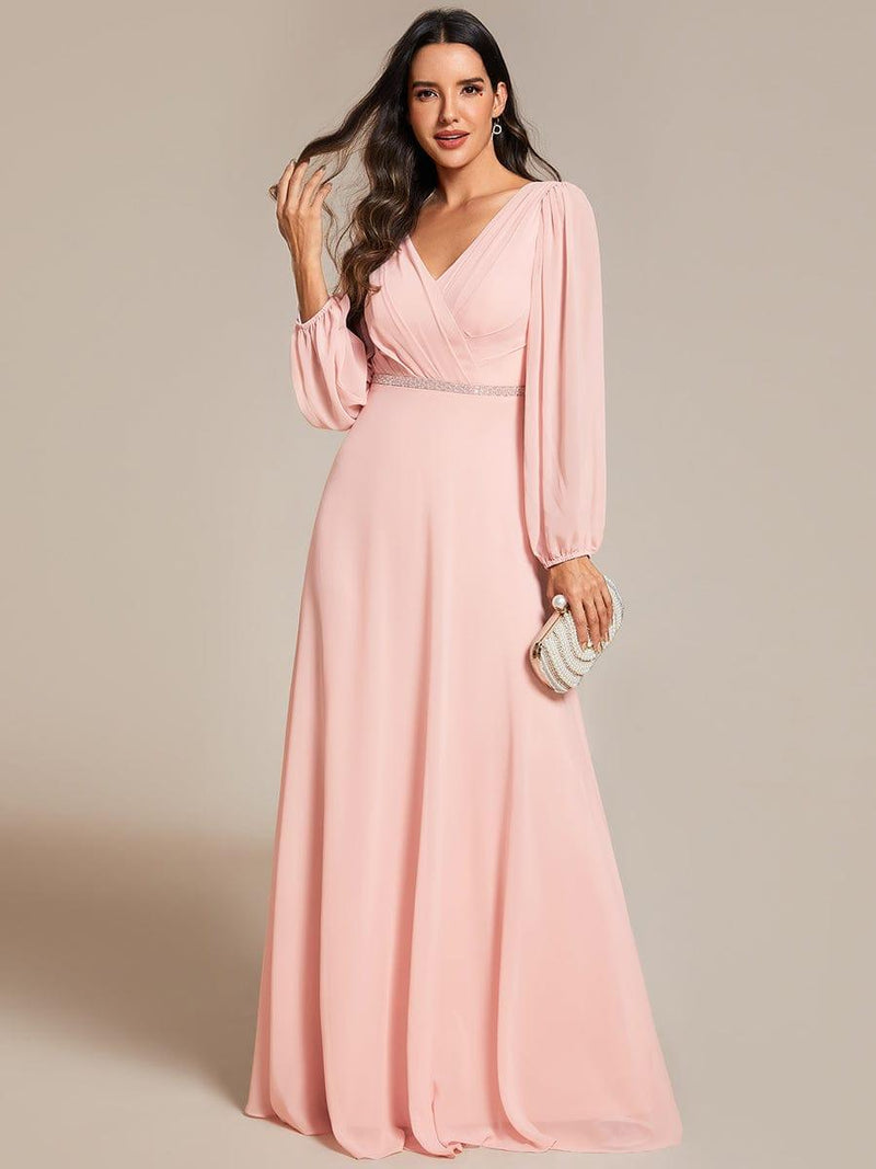 ever ESMÉE|Pleated Double V-Neck Long Sleeves Shiny Belt Chiffon Evening Dress