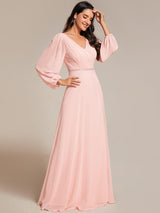 ever ESMÉE|Pleated Double V-Neck Long Sleeves Shiny Belt Chiffon Evening Dress