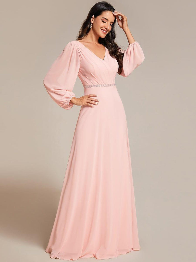 ever ESMÉE|Pleated Double V-Neck Long Sleeves Shiny Belt Chiffon Evening Dress
