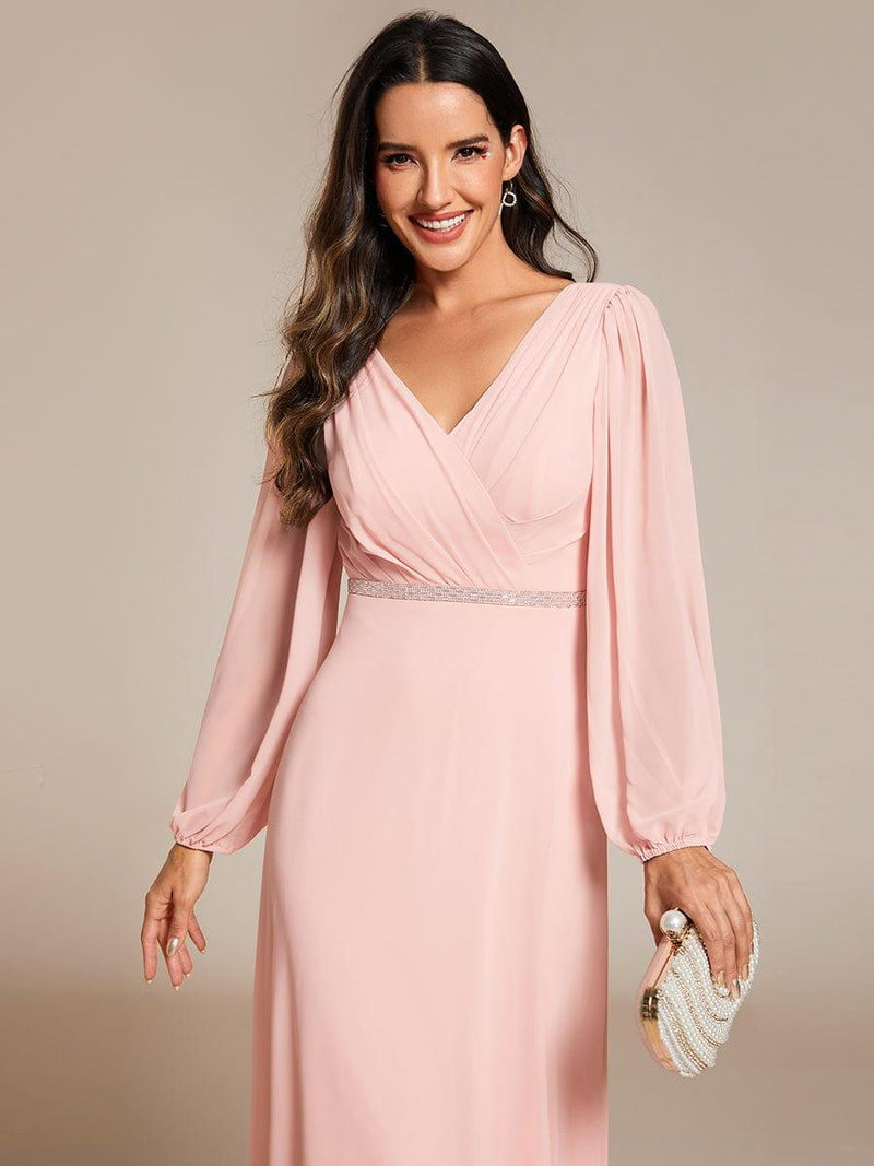 ever ESMÉE|Pleated Double V-Neck Long Sleeves Shiny Belt Chiffon Evening Dress