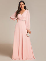 ever ESMÉE|Pleated Double V-Neck Long Sleeves Shiny Belt Chiffon Evening Dress