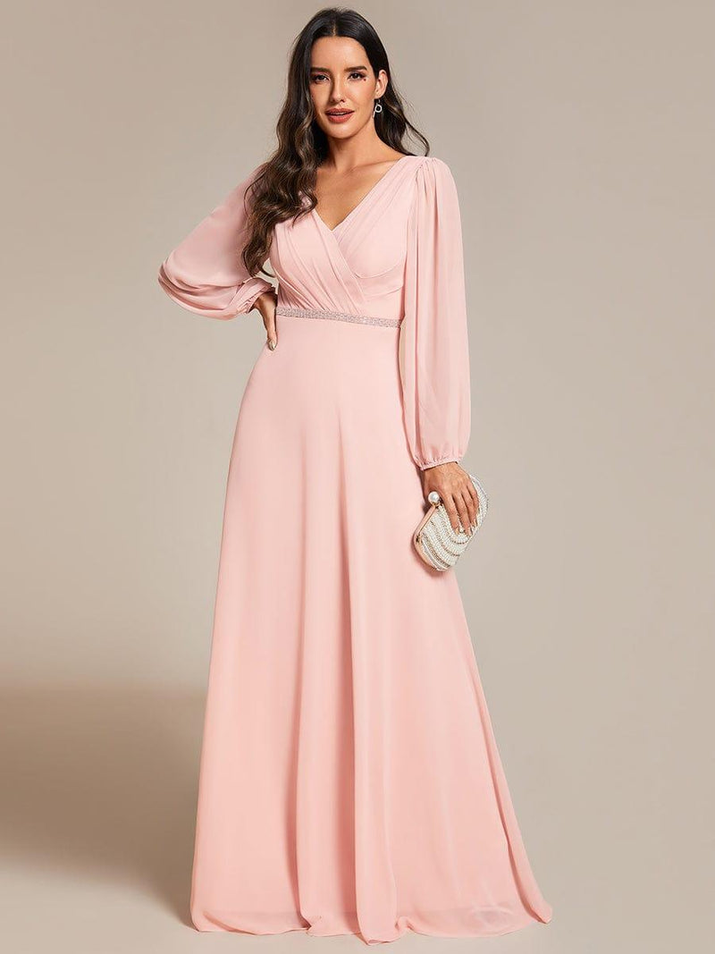 ever ESMÉE|Pleated Double V-Neck Long Sleeves Shiny Belt Chiffon Evening Dress