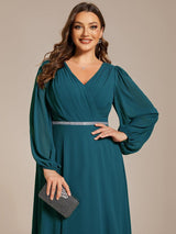 pretty ESMÉE|Plus Size A-Line V-Neck See-Through Long Sleeves Shiny Belt Chiffon Evening Dress