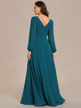 ever ESMÉE|Pleated Double V-Neck Long Sleeves Shiny Belt Chiffon Evening Dress