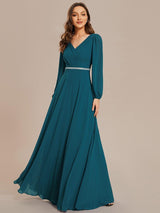 ever ESMÉE|Pleated Double V-Neck Long Sleeves Shiny Belt Chiffon Evening Dress