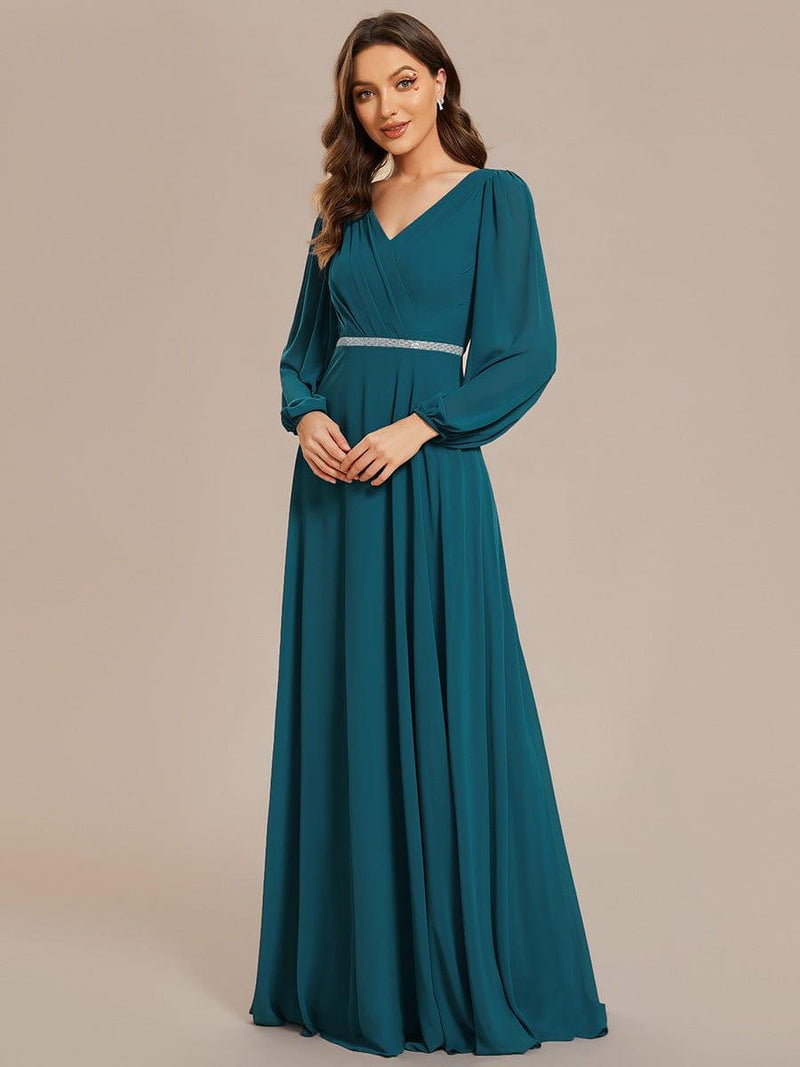 ever ESMÉE|Pleated Double V-Neck Long Sleeves Shiny Belt Chiffon Evening Dress