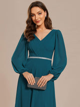 ever ESMÉE|Pleated Double V-Neck Long Sleeves Shiny Belt Chiffon Evening Dress