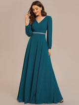 ever ESMÉE|Pleated Double V-Neck Long Sleeves Shiny Belt Chiffon Evening Dress