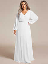 ever ESMÉE|Pleated Double V-Neck Long Sleeves Shiny Belt Chiffon Evening Dress