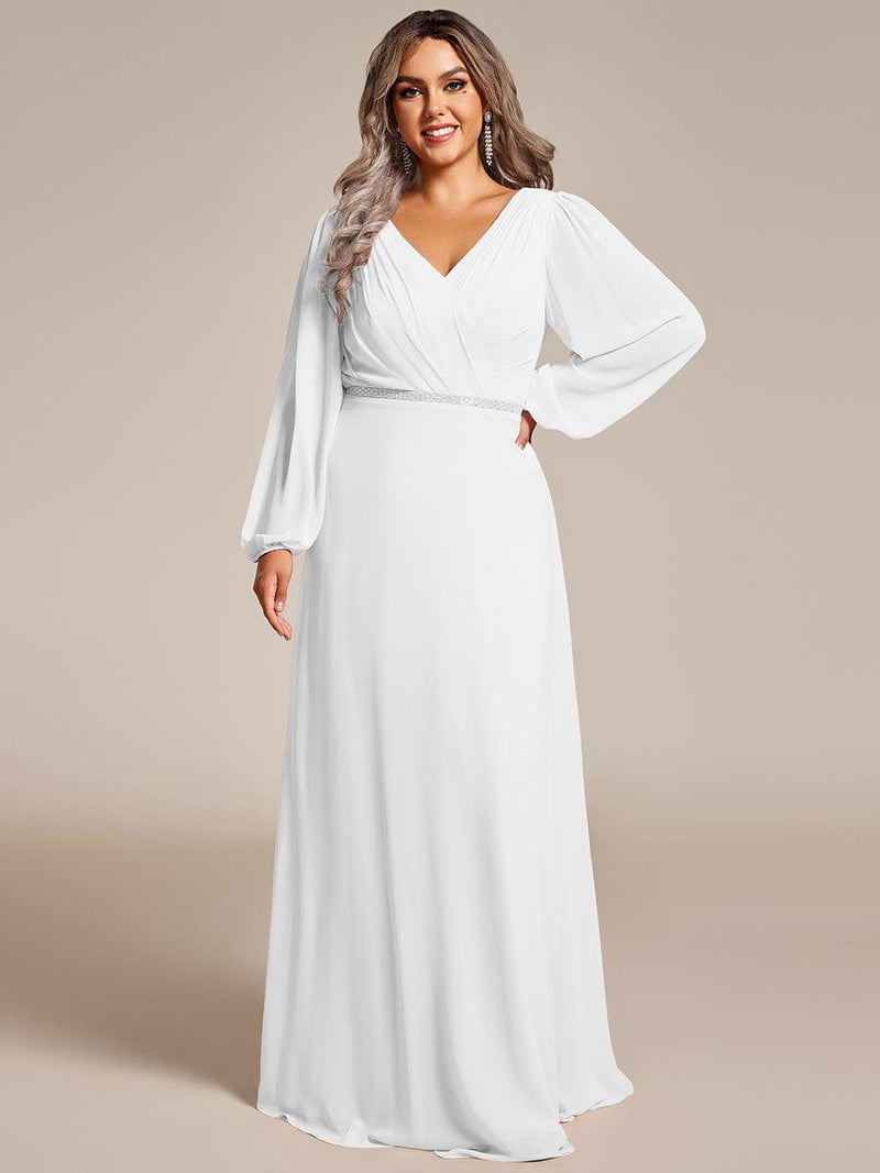 ever ESMÉE|Pleated Double V-Neck Long Sleeves Shiny Belt Chiffon Evening Dress