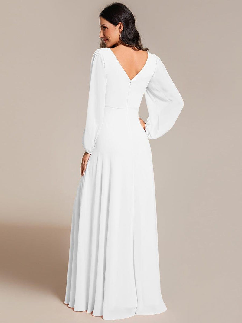 ever ESMÉE|Pleated Double V-Neck Long Sleeves Shiny Belt Chiffon Evening Dress