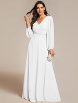 ever ESMÉE|Pleated Double V-Neck Long Sleeves Shiny Belt Chiffon Evening Dress