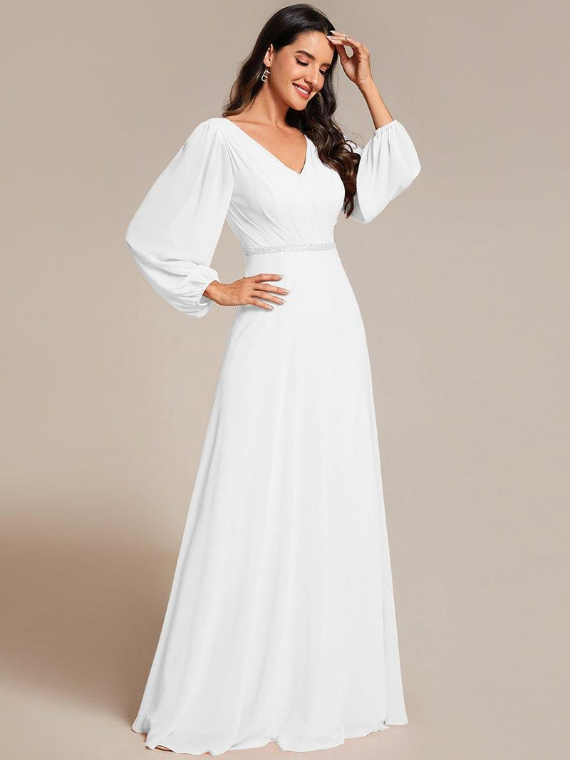ever ESMÉE|Pleated Double V-Neck Long Sleeves Shiny Belt Chiffon Evening Dress