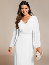ever ESMÉE|Pleated Double V-Neck Long Sleeves Shiny Belt Chiffon Evening Dress