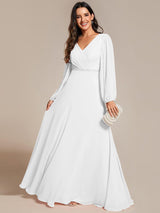 ever ESMÉE|Pleated Double V-Neck Long Sleeves Shiny Belt Chiffon Evening Dress