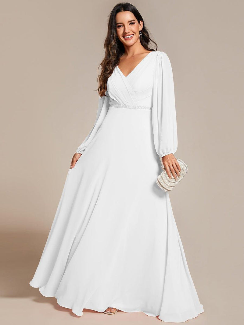 ever ESMÉE|Pleated Double V-Neck Long Sleeves Shiny Belt Chiffon Evening Dress