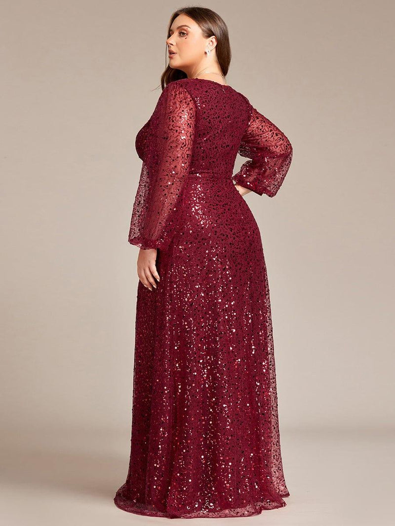ever RAYVEN|Shimmering All Over V-Neck Long Lantern Sleeve Sequin A-Line Evening Dress