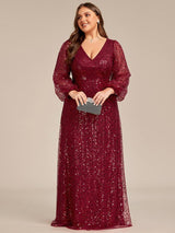 ever RAYVEN|Shimmering All Over V-Neck Long Lantern Sleeve Sequin A-Line Evening Dress
