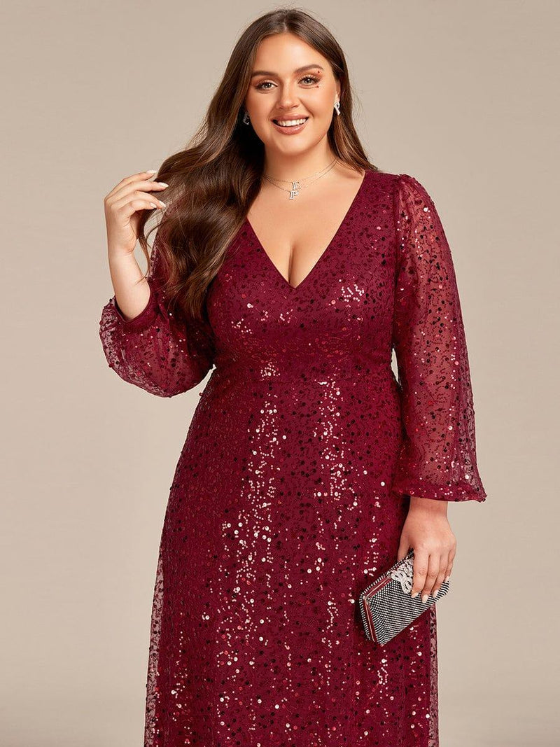 ever RAYVEN|Shimmering All Over V-Neck Long Lantern Sleeve Sequin A-Line Evening Dress