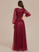 ever RAYVEN|Shimmering All Over V-Neck Long Lantern Sleeve Sequin A-Line Evening Dress