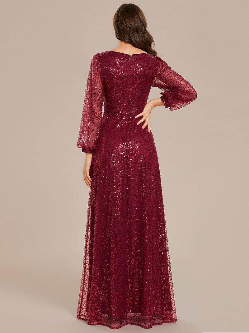 ever RAYVEN|Shimmering All Over V-Neck Long Lantern Sleeve Sequin A-Line Evening Dress