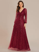 ever RAYVEN|Shimmering All Over V-Neck Long Lantern Sleeve Sequin A-Line Evening Dress
