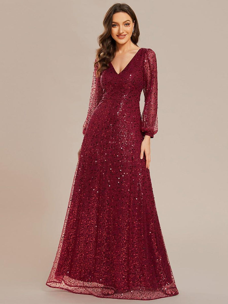 ever RAYVEN|Shimmering All Over V-Neck Long Lantern Sleeve Sequin A-Line Evening Dress