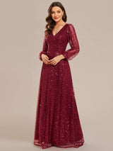 ever RAYVEN|Shimmering All Over V-Neck Long Lantern Sleeve Sequin A-Line Evening Dress