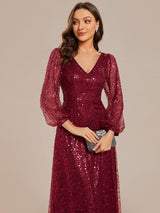 ever RAYVEN|Shimmering All Over V-Neck Long Lantern Sleeve Sequin A-Line Evening Dress