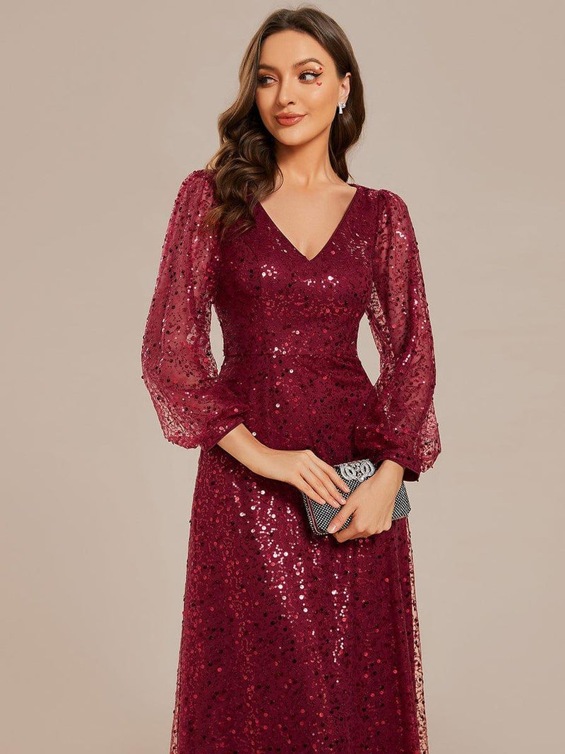 ever RAYVEN|Shimmering All Over V-Neck Long Lantern Sleeve Sequin A-Line Evening Dress