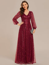 ever RAYVEN|Shimmering All Over V-Neck Long Lantern Sleeve Sequin A-Line Evening Dress