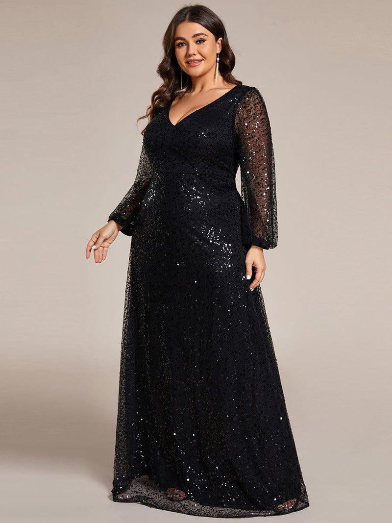 pretty RAYVEN|Plus Size V-Neck Lantern Long Sleeve Sequin A-Line Evening Dress