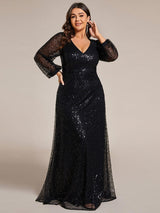 ever RAYVEN|Shimmering All Over V-Neck Long Lantern Sleeve Sequin A-Line Evening Dress