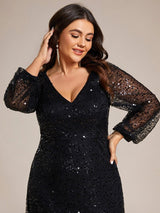ever RAYVEN|Shimmering All Over V-Neck Long Lantern Sleeve Sequin A-Line Evening Dress