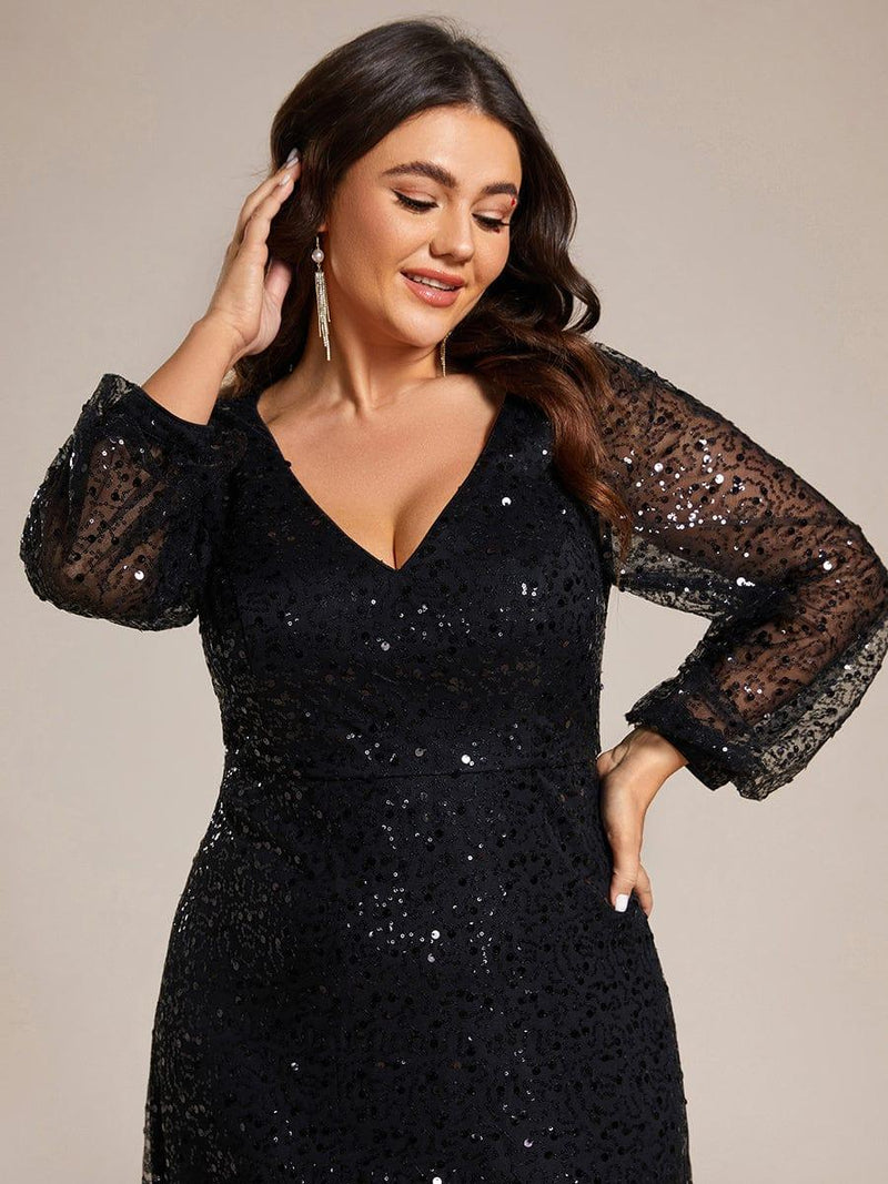 pretty RAYVEN|Plus Size V-Neck Lantern Long Sleeve Sequin A-Line Evening Dress