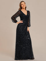 ever RAYVEN|Shimmering All Over V-Neck Long Lantern Sleeve Sequin A-Line Evening Dress