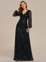 ever RAYVEN|Shimmering All Over V-Neck Long Lantern Sleeve Sequin A-Line Evening Dress