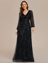 ever RAYVEN|Shimmering All Over V-Neck Long Lantern Sleeve Sequin A-Line Evening Dress