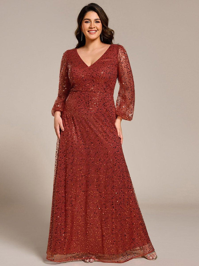 ever RAYVEN|Shimmering All Over V-Neck Long Lantern Sleeve Sequin A-Line Evening Dress