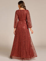 ever RAYVEN|Shimmering All Over V-Neck Long Lantern Sleeve Sequin A-Line Evening Dress