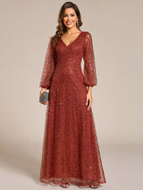 ever RAYVEN|Shimmering All Over V-Neck Long Lantern Sleeve Sequin A-Line Evening Dress