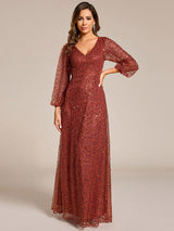 ever RAYVEN|Shimmering All Over V-Neck Long Lantern Sleeve Sequin A-Line Evening Dress